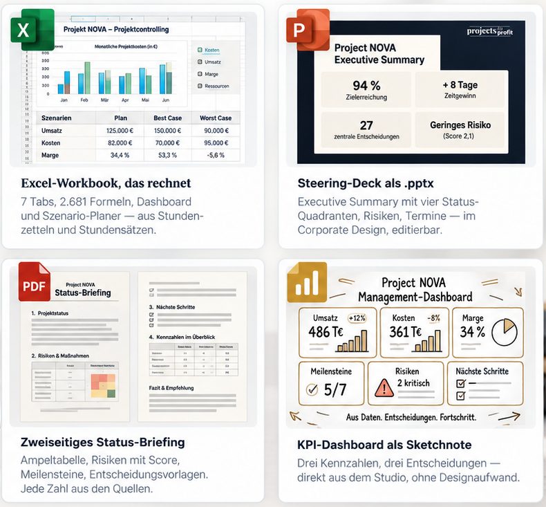 Beispiel-Ergebnisse aus dem Guide: Excel-Workbook, Steering-Deck, Status-Briefing und KPI-Dashboard