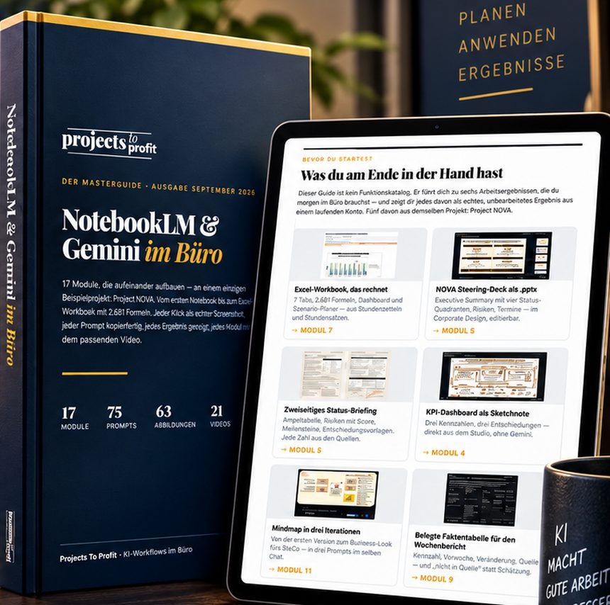 Der Masterguide „NotebookLM & Gemini im Büro“ als Buch und auf dem Tablet