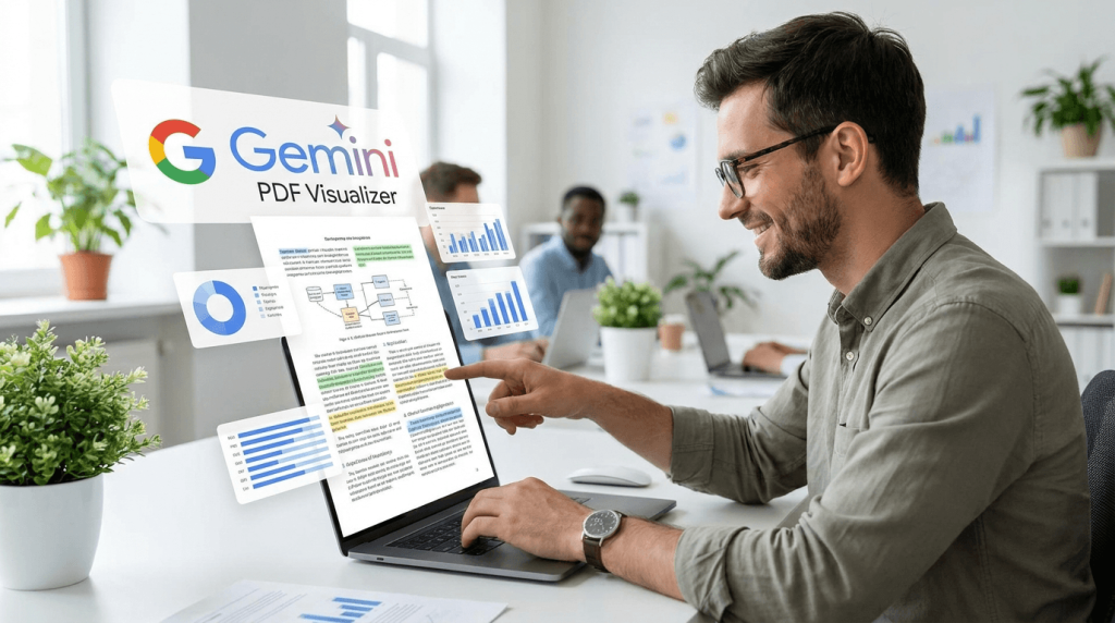 Sketchnotes mit Gemini erstellen – Büroangestellter visualisiert PDF mit KI