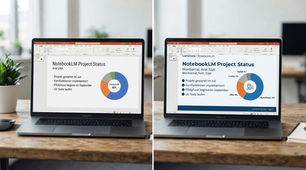NotebookLM PowerPoint mit und ohne Corporate Design im Vergleich